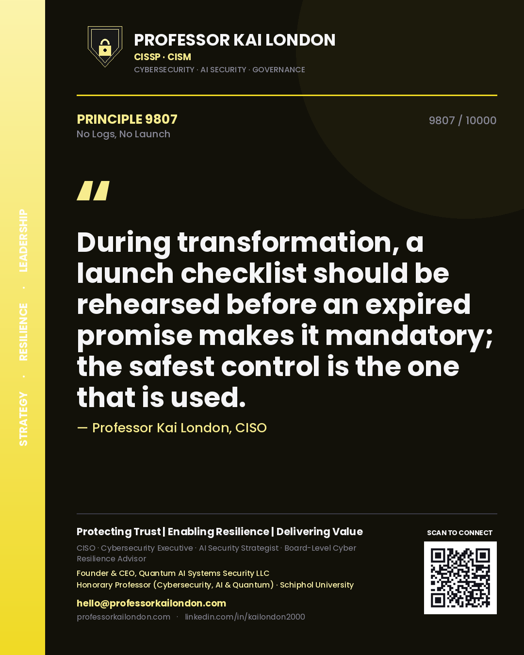 Professor Kai London principle 9807: During transformation, a launch checklist should be rehearsed before an expired promise makes it mandatory; the safest control is the one that is used.