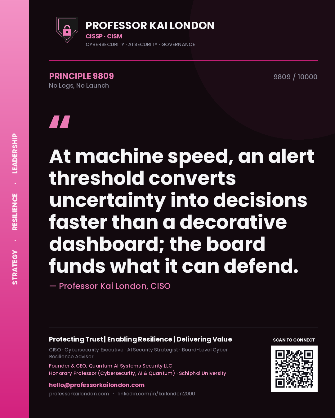 Quote card by Professor Kai London reading 'At machine speed, an alert threshold converts uncertainty into decisions faster than a decorative dashboard; the board funds what it can defend.'. From the book No Logs, No Launch.