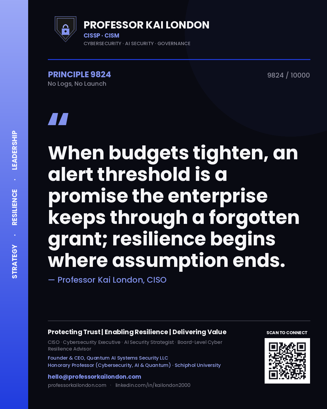 Professor Kai London principle 9824: When budgets tighten, an alert threshold is a promise the enterprise keeps through a forgotten grant; resilience begins where assumption ends.