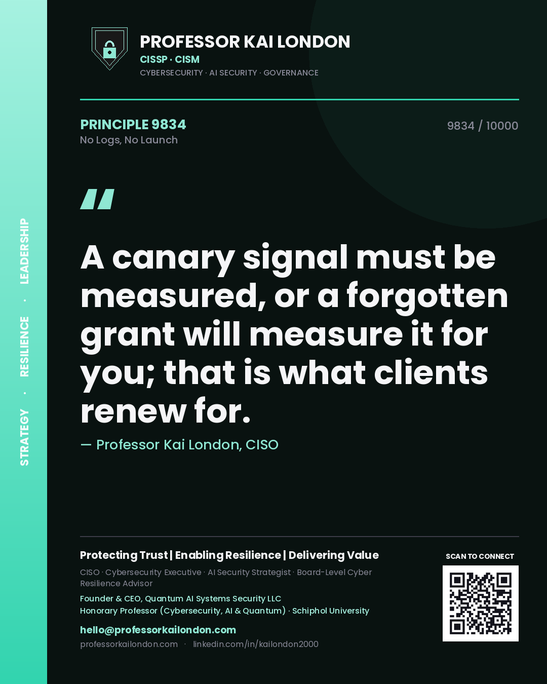 Quote card by Professor Kai London reading 'A canary signal must be measured, or a forgotten grant will measure it for you; that is what clients renew for.'. From the book No Logs, No Launch.