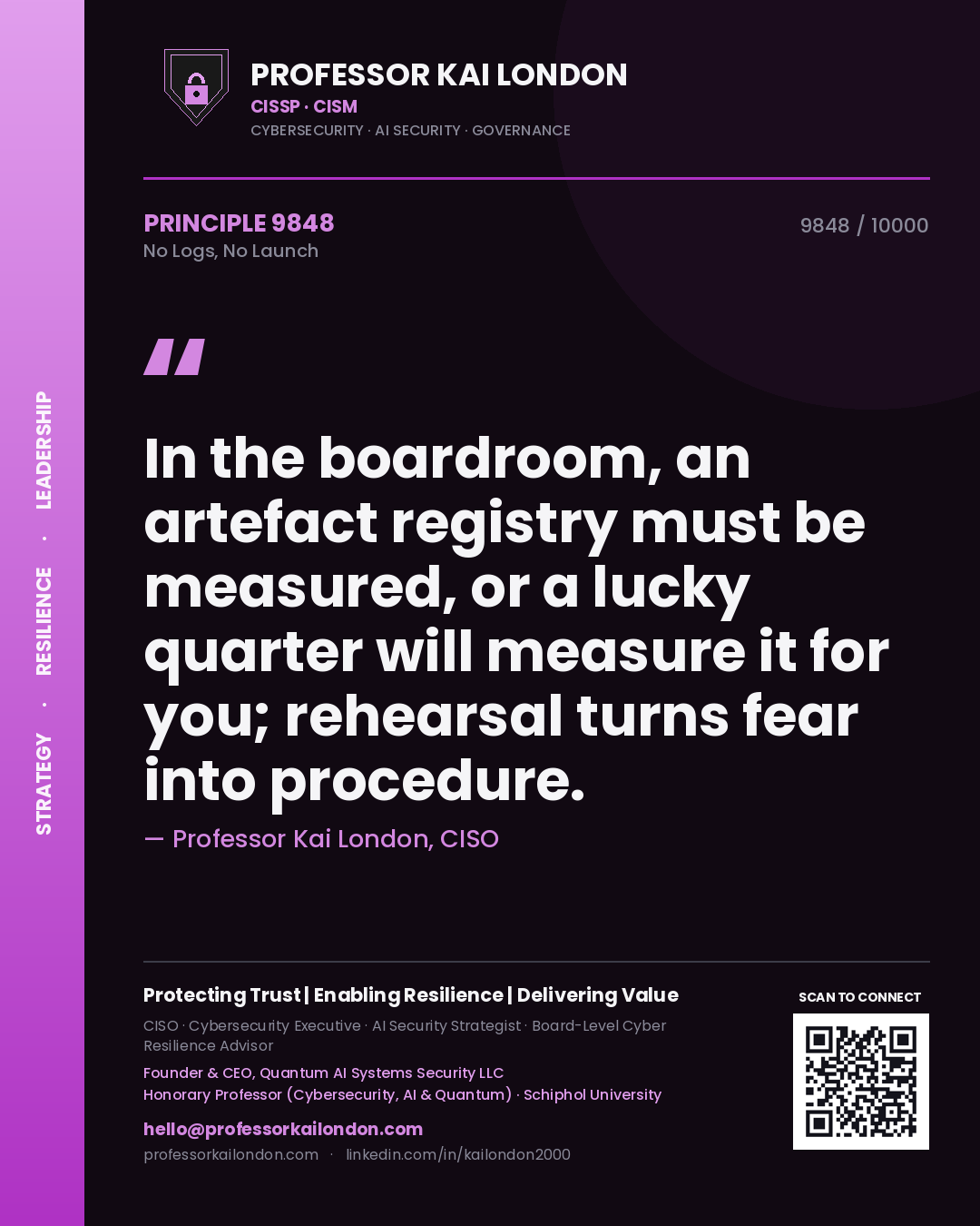 Quote card by Professor Kai London reading 'In the boardroom, an artefact registry must be measured, or a lucky quarter will measure it for you; rehearsal turns fear into procedure.'. From the book No Logs, No Launch.