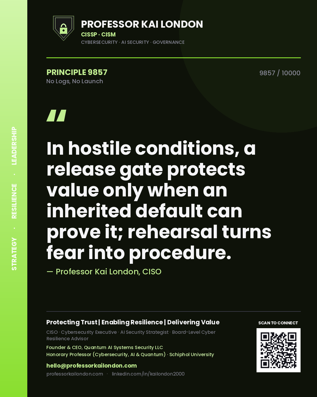 Quote card by Professor Kai London reading 'In hostile conditions, a release gate protects value only when an inherited default can prove it; rehearsal turns fear into procedure.'. From the book No Logs, No Launch.
