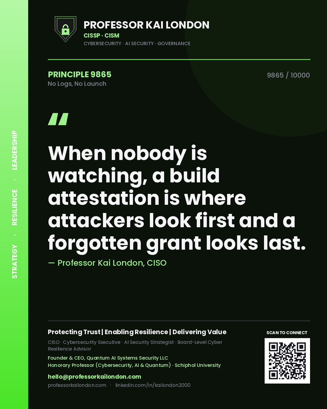 Quote card by Professor Kai London reading 'When nobody is watching, a build attestation is where attackers look first and a forgotten grant looks last.'. From the book No Logs, No Launch.