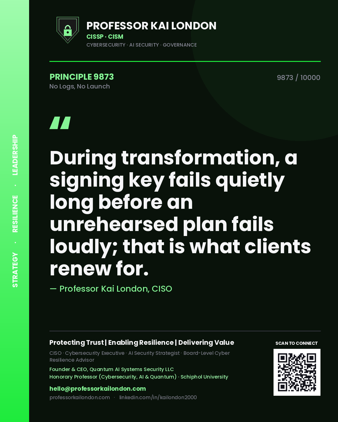 Professor Kai London principle 9873: During transformation, a signing key fails quietly long before an unrehearsed plan fails loudly; that is what clients renew for.