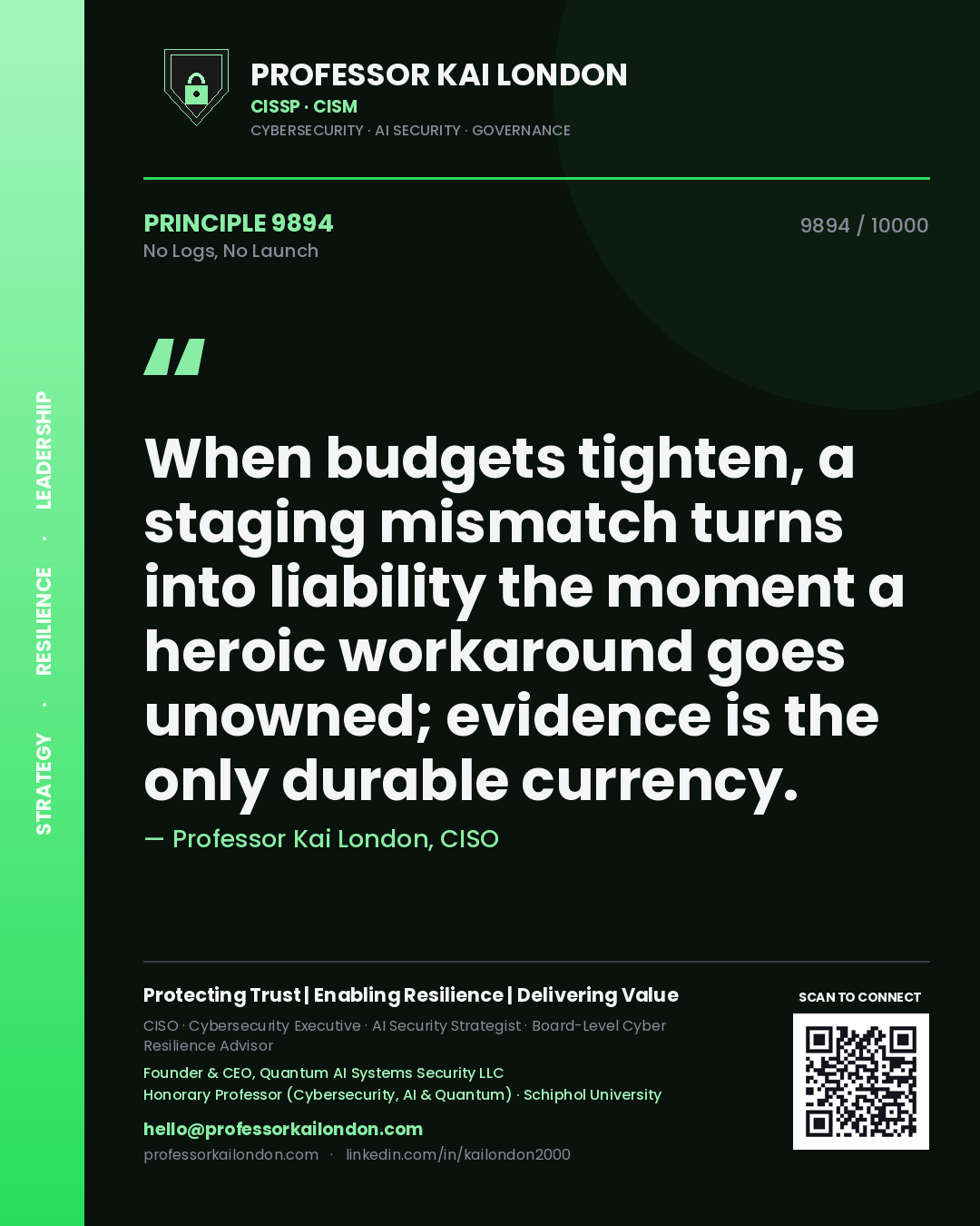 Professor Kai London principle 9894: When budgets tighten, a staging mismatch turns into liability the moment a heroic workaround goes unowned; evidence is the only durable currency.