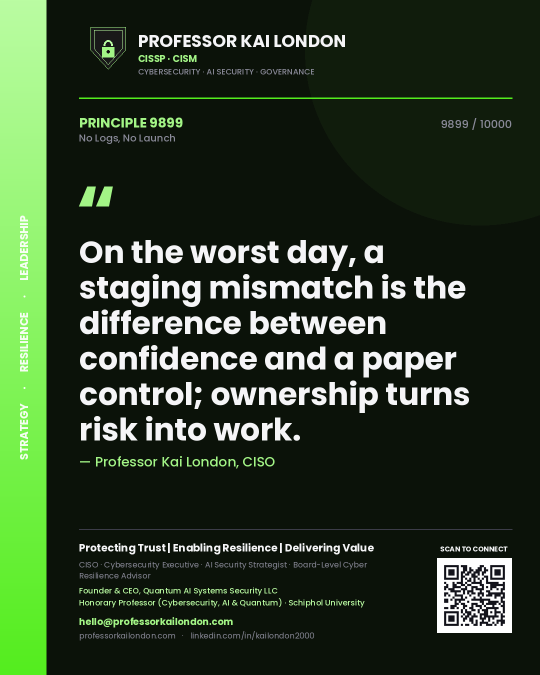 Quote card by Professor Kai London reading 'On the worst day, a staging mismatch is the difference between confidence and a paper control; ownership turns risk into work.'. From the book No Logs, No Launch.