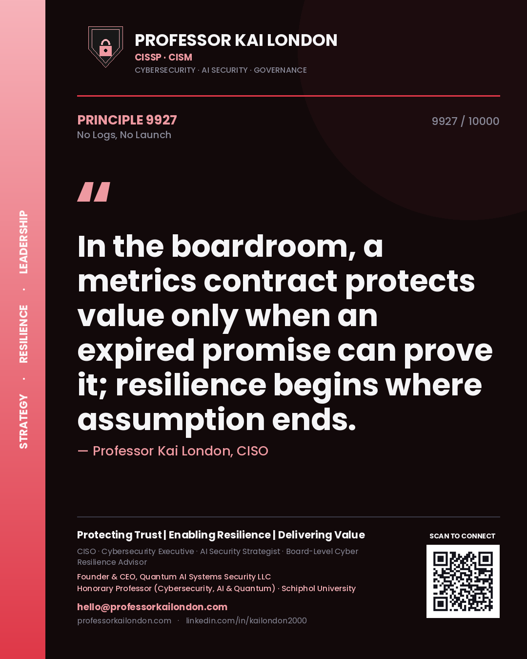 Quote card by Professor Kai London reading 'In the boardroom, a metrics contract protects value only when an expired promise can prove it; resilience begins where assumption ends.'. From the book No Logs, No Launch.