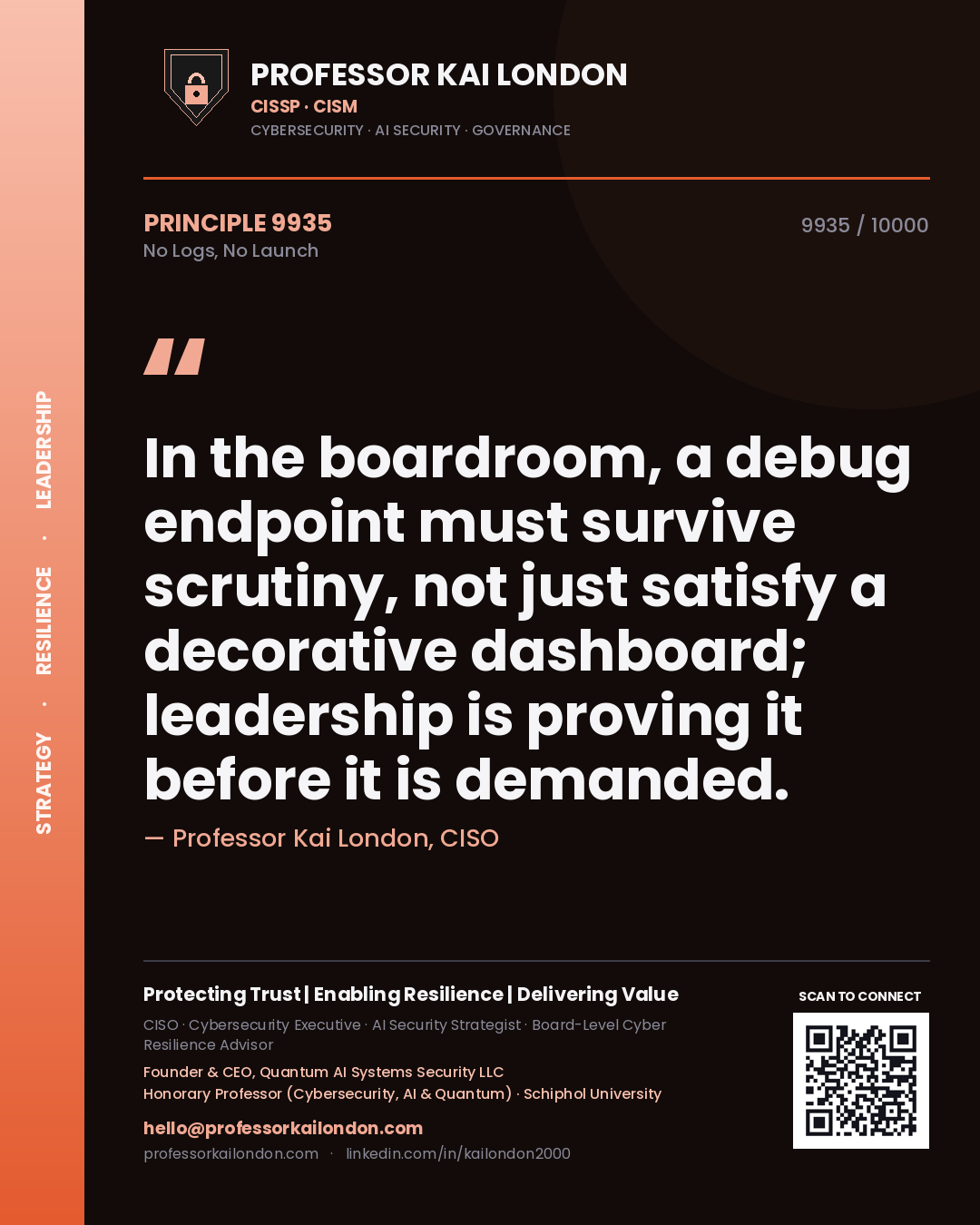 Professor Kai London principle 9935: In the boardroom, a debug endpoint must survive scrutiny, not just satisfy a decorative dashboard; leadership is proving it before it is demanded.