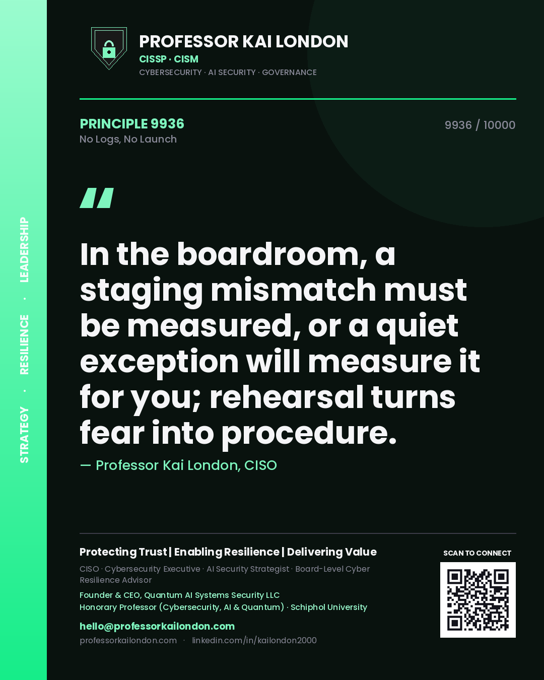 Quote card by Professor Kai London reading 'In the boardroom, a staging mismatch must be measured, or a quiet exception will measure it for you; rehearsal turns fear into procedure.'. From the book No Logs, No Launch.