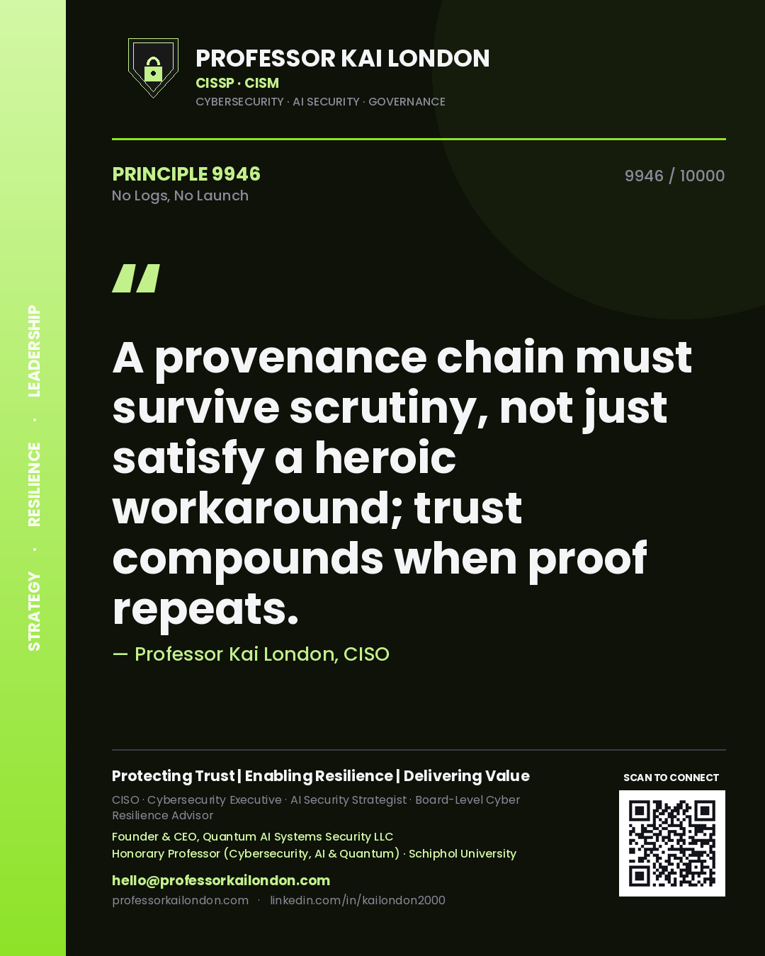 Professor Kai London principle 9946: A provenance chain must survive scrutiny, not just satisfy a heroic workaround; trust compounds when proof repeats.