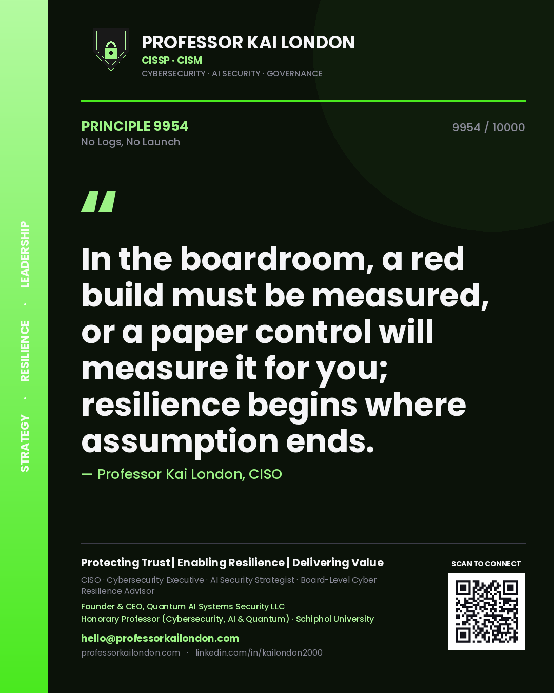Quote card by Professor Kai London reading 'In the boardroom, a red build must be measured, or a paper control will measure it for you; resilience begins where assumption ends.'. From the book No Logs, No Launch.