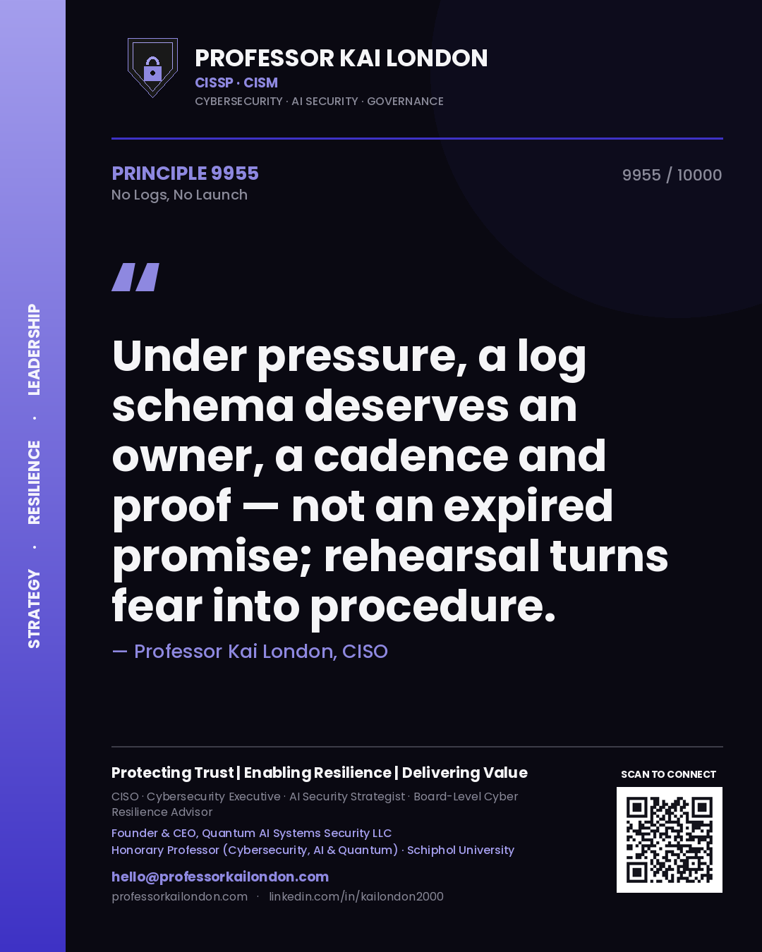Quote card by Professor Kai London reading 'Under pressure, a log schema deserves an owner, a cadence and proof — not an expired promise; rehearsal turns fear into procedure.'. From the book No Logs, No Launch.
