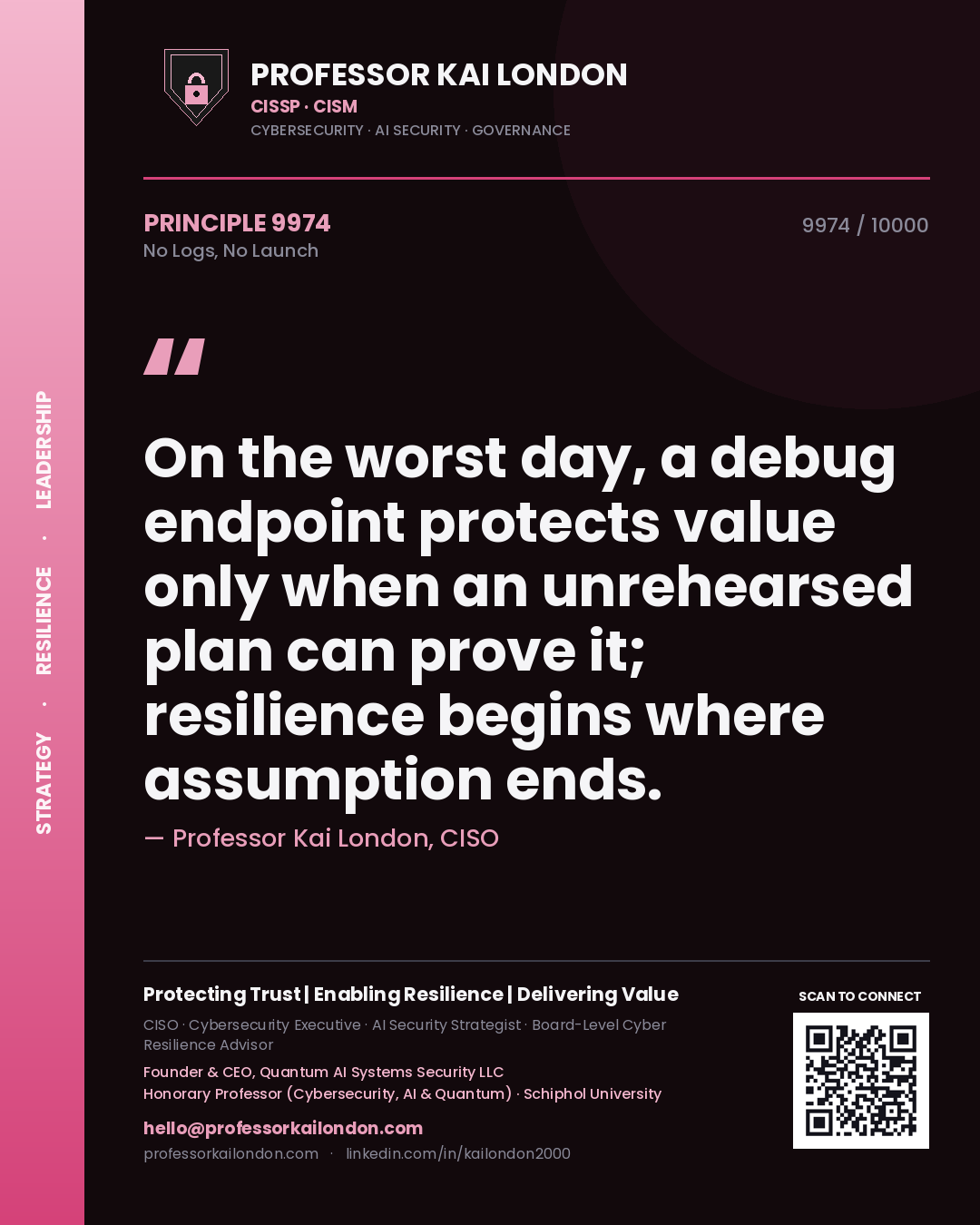 Quote card by Professor Kai London reading 'On the worst day, a debug endpoint protects value only when an unrehearsed plan can prove it; resilience begins where assumption ends.'. From the book No Logs, No Launch.