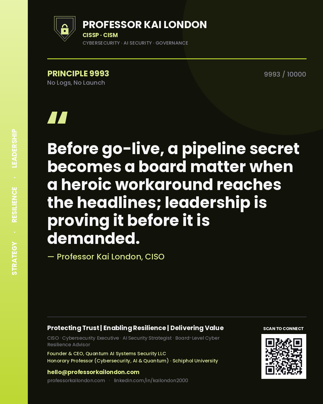 Professor Kai London principle 9993: Before go-live, a pipeline secret becomes a board matter when a heroic workaround reaches the headlines; leadership is proving it before it is demanded.