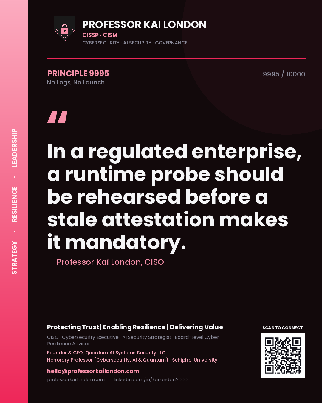 Quote card by Professor Kai London reading 'In a regulated enterprise, a runtime probe should be rehearsed before a stale attestation makes it mandatory.'. From the book No Logs, No Launch.