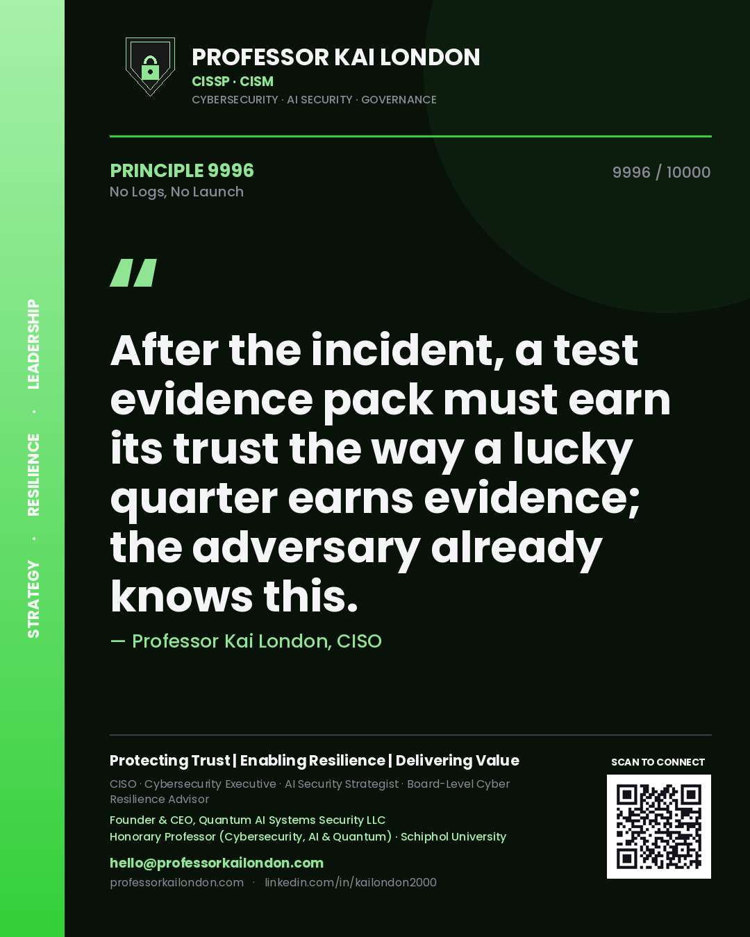 Quote card by Professor Kai London reading 'After the incident, a test evidence pack must earn its trust the way a lucky quarter earns evidence; the adversary already knows this.'. From the book No Logs, No Launch.