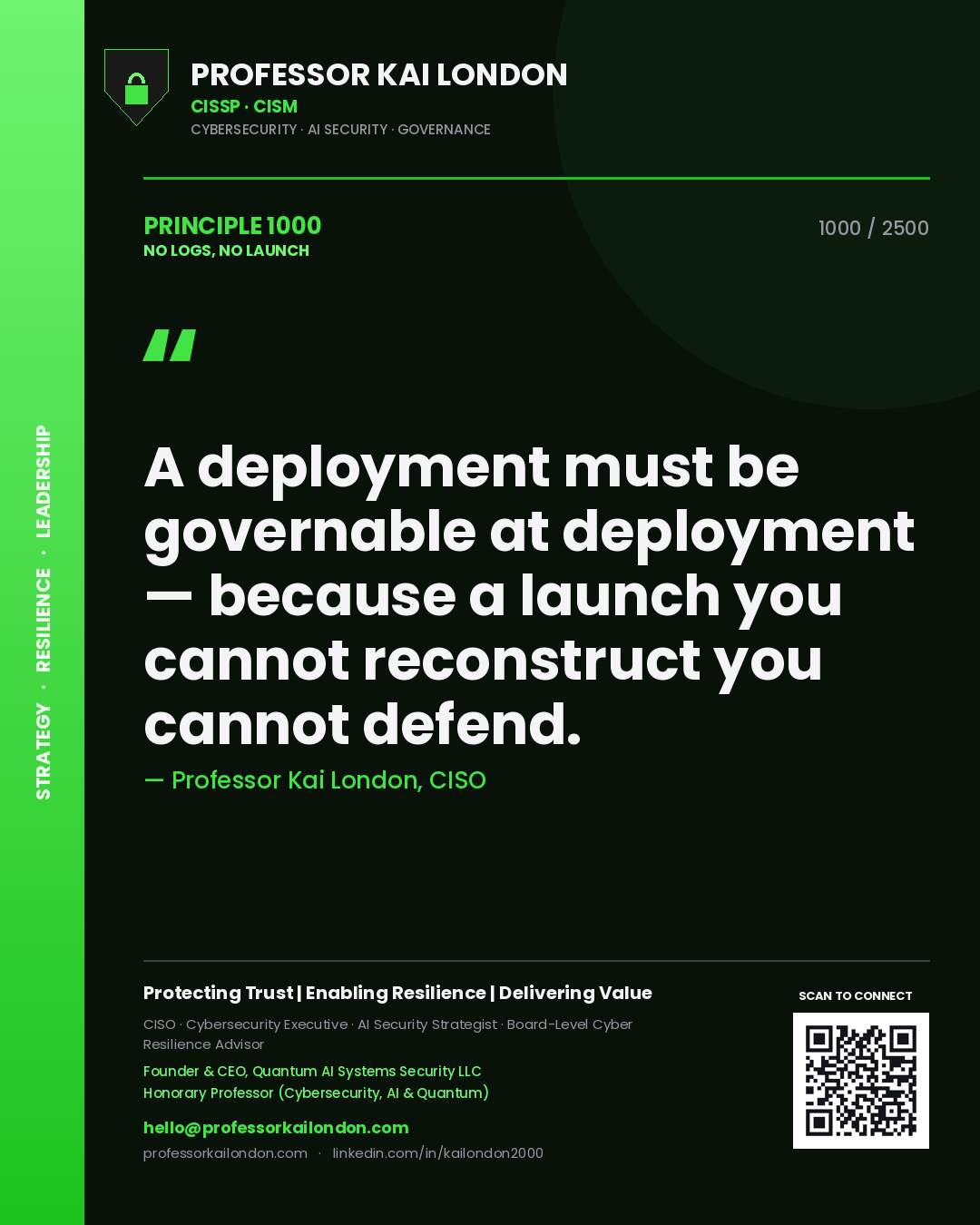 Quote card by Professor Kai London reading 'A deployment must be governable at deployment — because a launch you cannot reconstruct you cannot defend.'. From the book No Logs, No Launch.