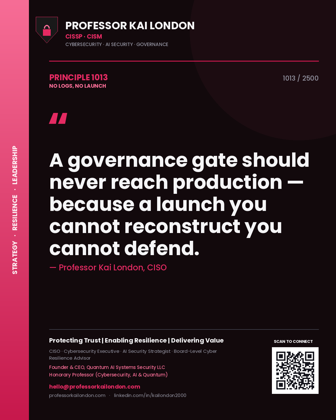 Quote card by Professor Kai London reading 'A governance gate should never reach production — because a launch you cannot reconstruct you cannot defend.'. From the book No Logs, No Launch.