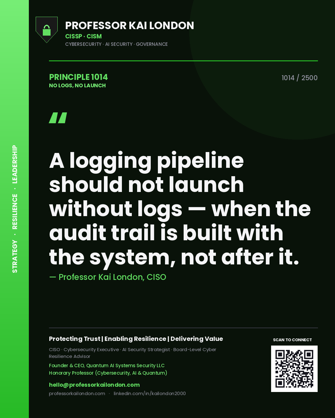 Professor Kai London principle 1014: A logging pipeline should not launch without logs — when the audit trail is built with the system, not after it.