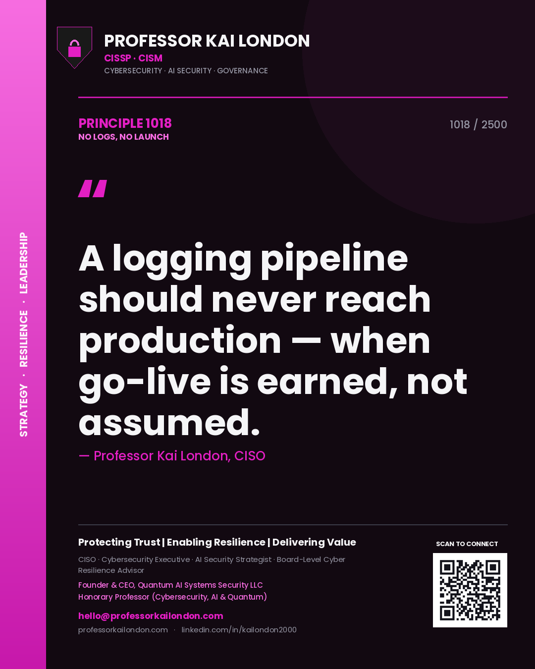 Professor Kai London principle 1018: A logging pipeline should never reach production — when go-live is earned, not assumed.