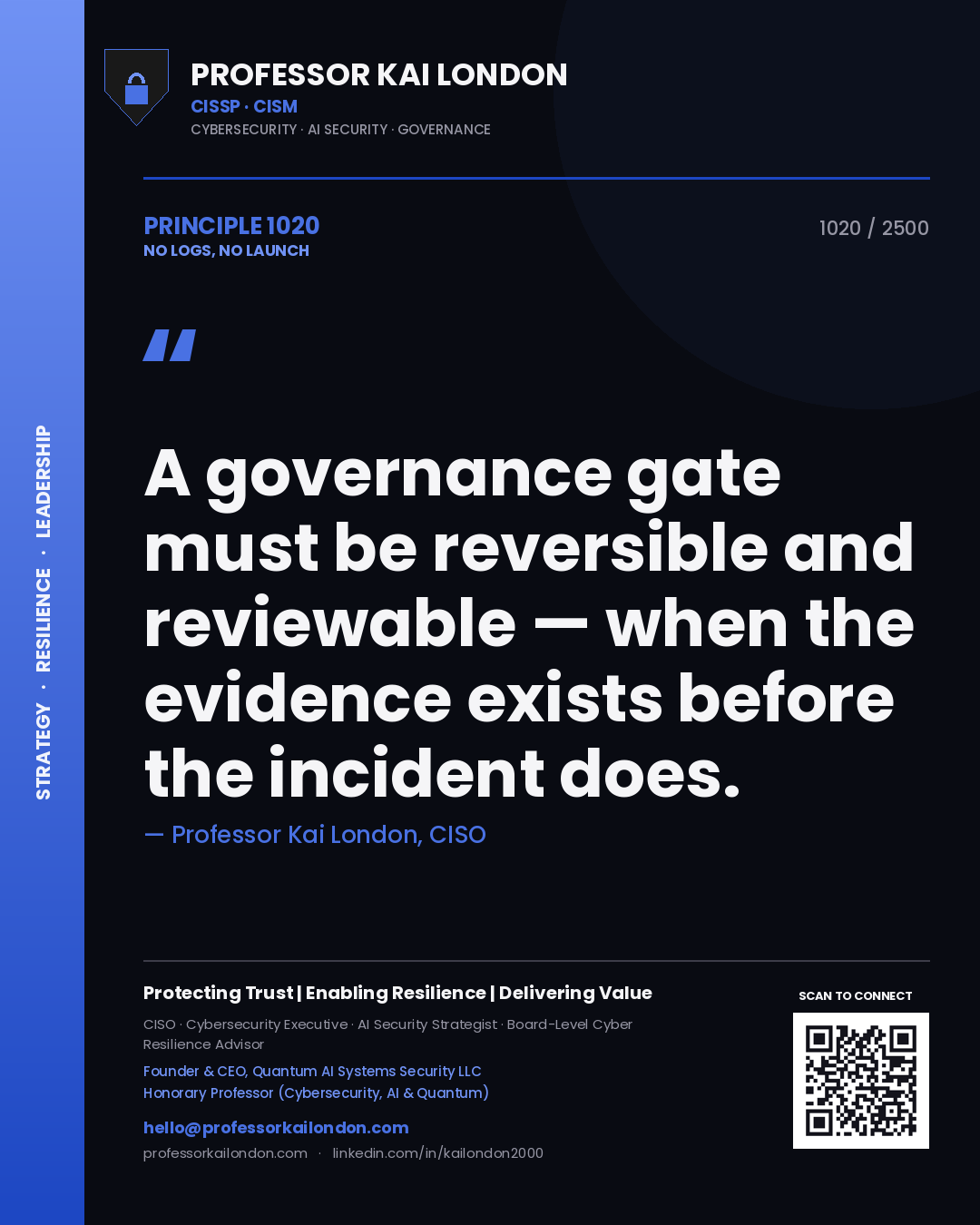 Quote card by Professor Kai London reading 'A governance gate must be reversible and reviewable — when the evidence exists before the incident does.'. From the book No Logs, No Launch.