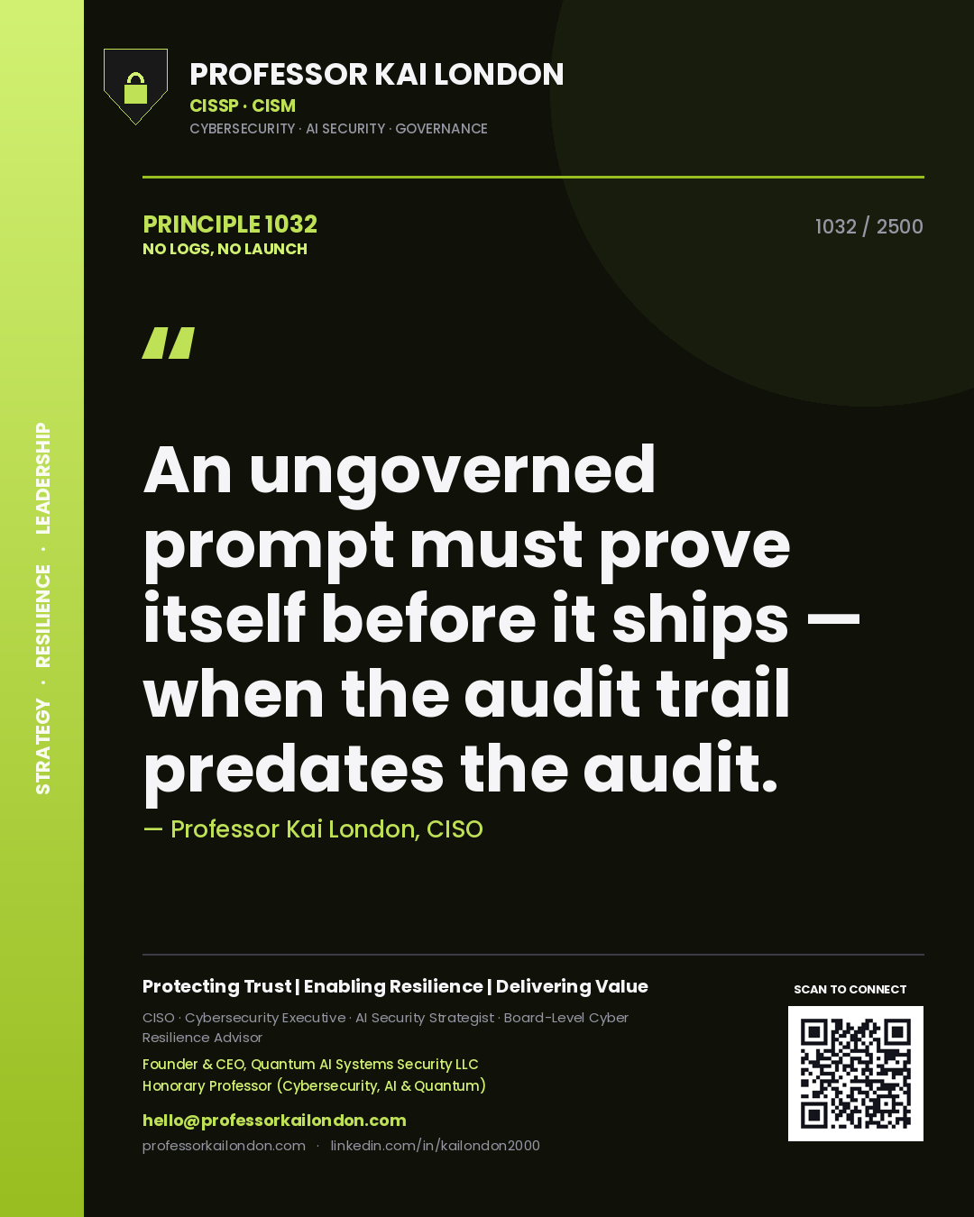 Quote card by Professor Kai London reading 'An ungoverned prompt must prove itself before it ships — when the audit trail predates the audit.'. From the book No Logs, No Launch.