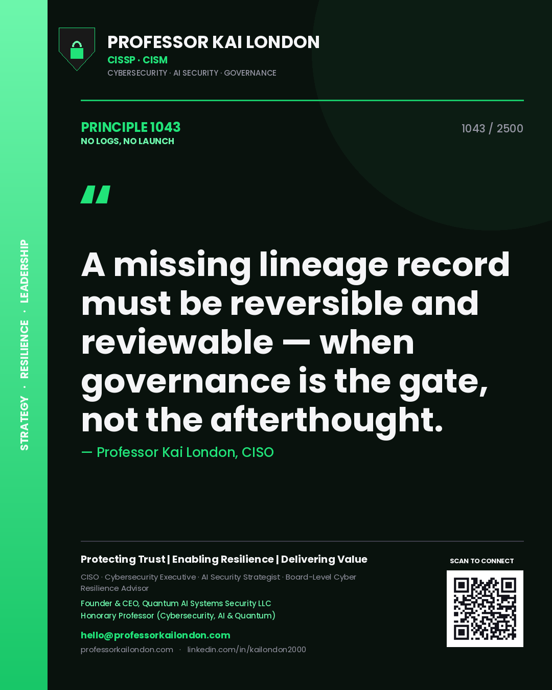 Professor Kai London principle 1043: A missing lineage record must be reversible and reviewable — when governance is the gate, not the afterthought.