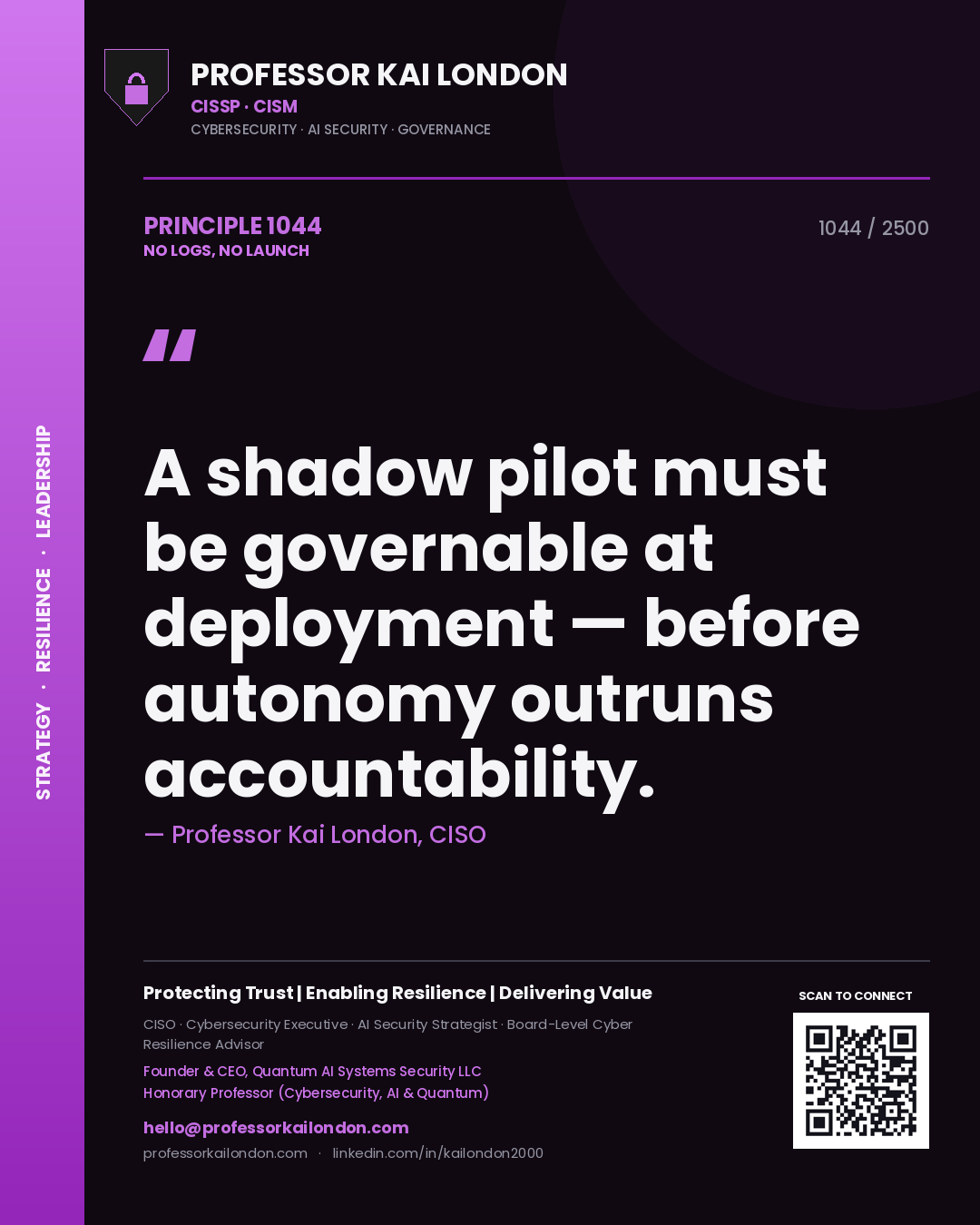 Professor Kai London principle 1044: A shadow pilot must be governable at deployment — before autonomy outruns accountability.