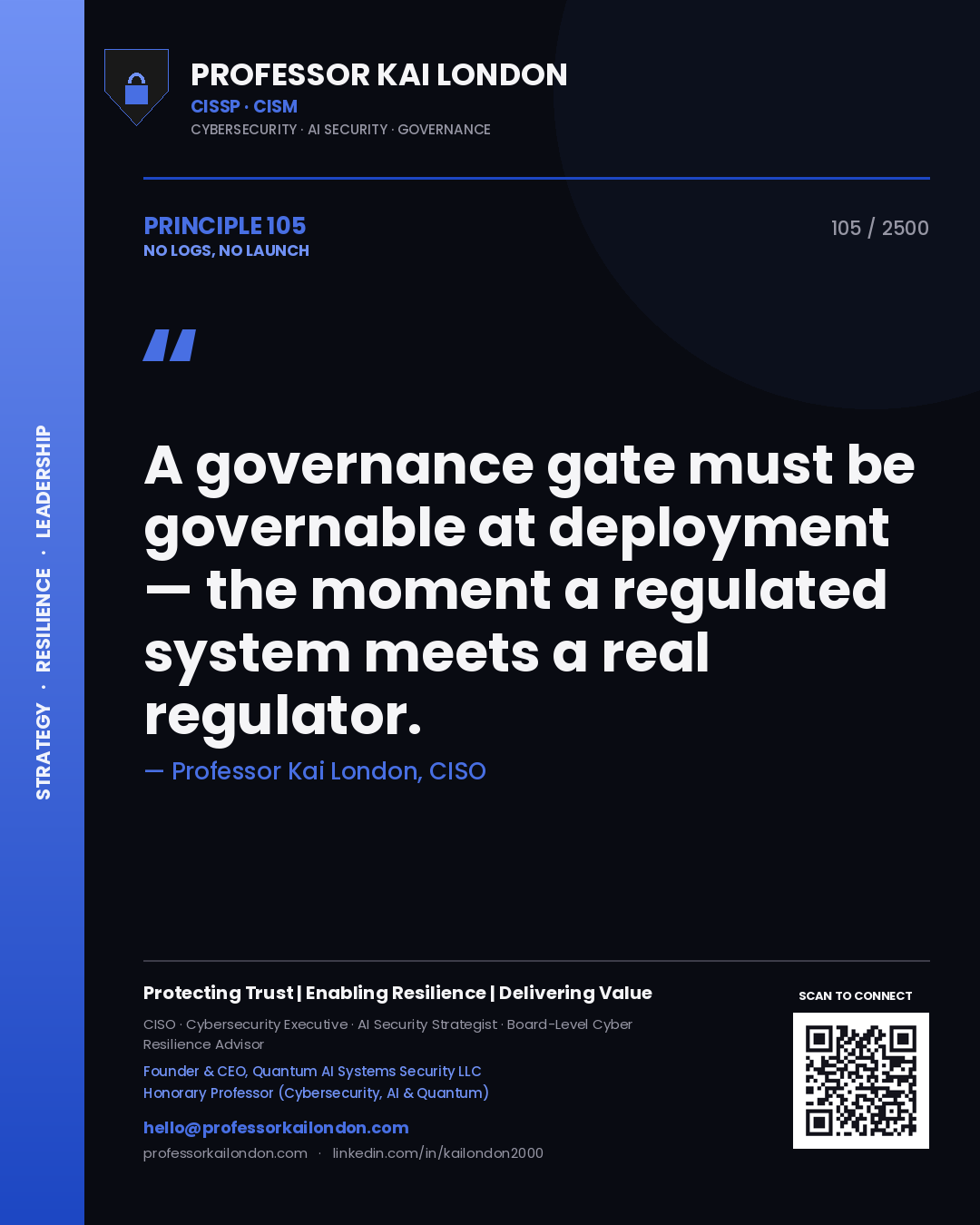 Quote card by Professor Kai London reading 'A governance gate must be governable at deployment — the moment a regulated system meets a real regulator.'. From the book No Logs, No Launch.