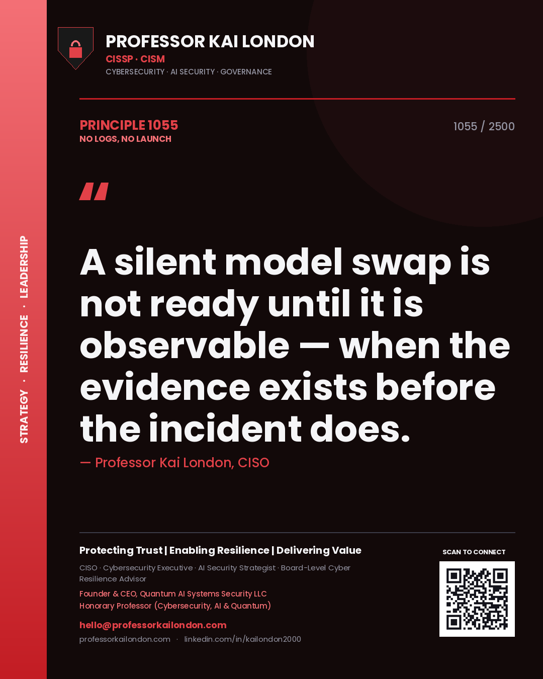 Quote card by Professor Kai London reading 'A silent model swap is not ready until it is observable — when the evidence exists before the incident does.'. From the book No Logs, No Launch.