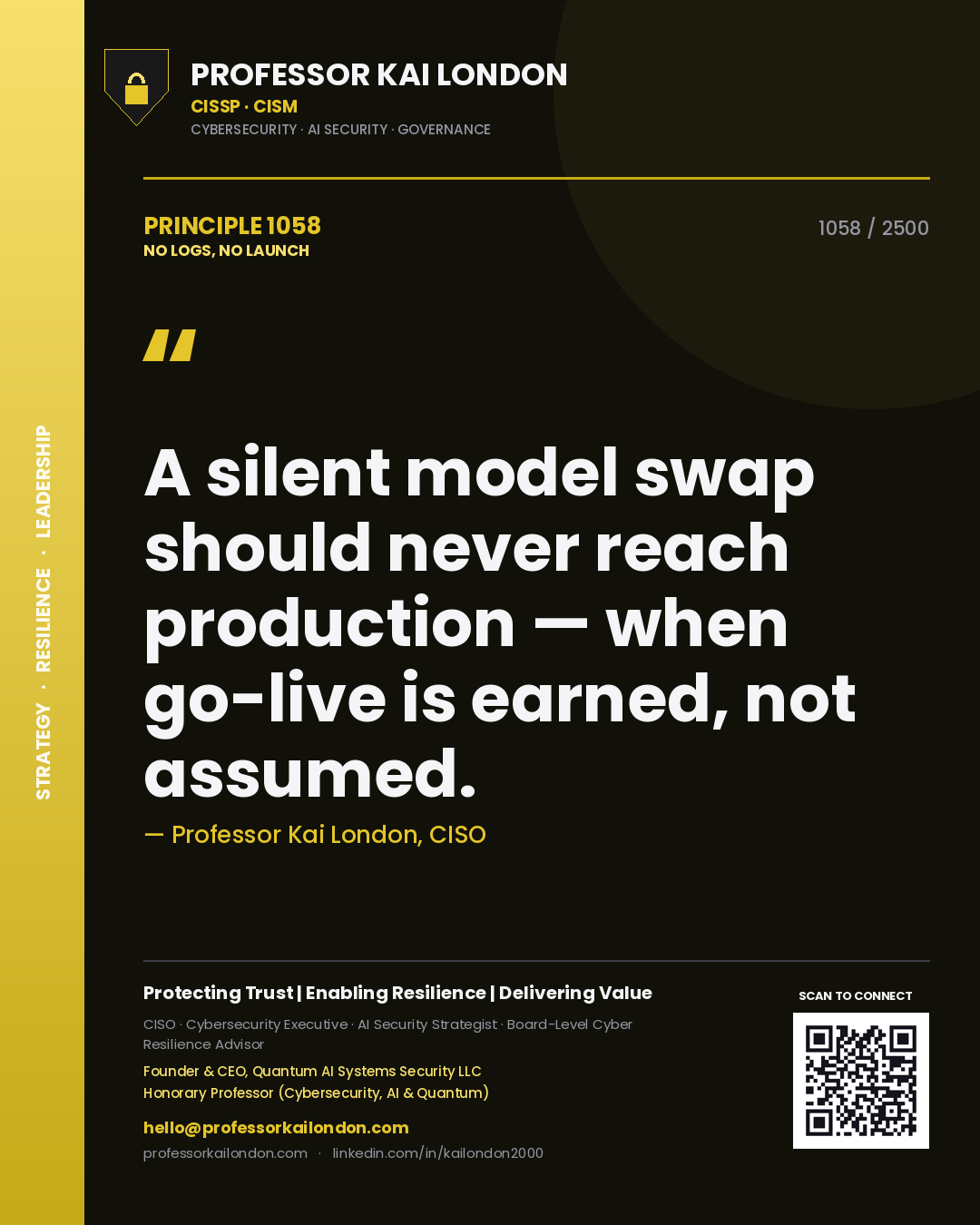 Professor Kai London principle 1058: A silent model swap should never reach production — when go-live is earned, not assumed.