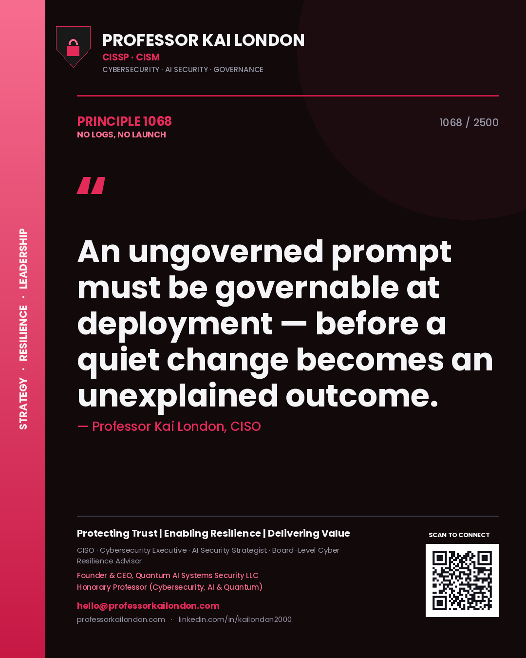 Quote card by Professor Kai London reading 'An ungoverned prompt must be governable at deployment — before a quiet change becomes an unexplained outcome.'. From the book No Logs, No Launch.