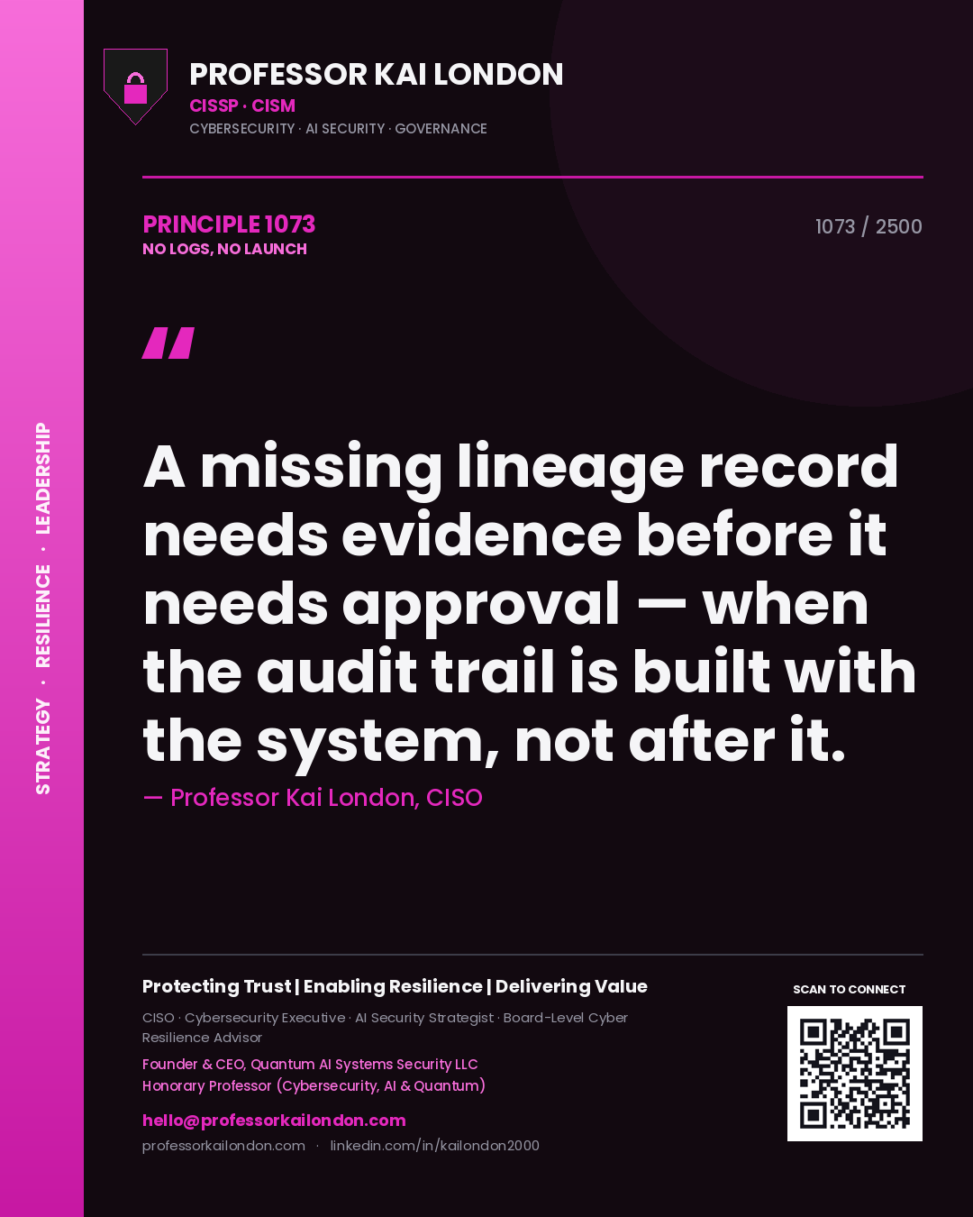 Quote card by Professor Kai London reading 'A missing lineage record needs evidence before it needs approval — when the audit trail is built with the system, not after it.'. From the book No Logs, No Launch.