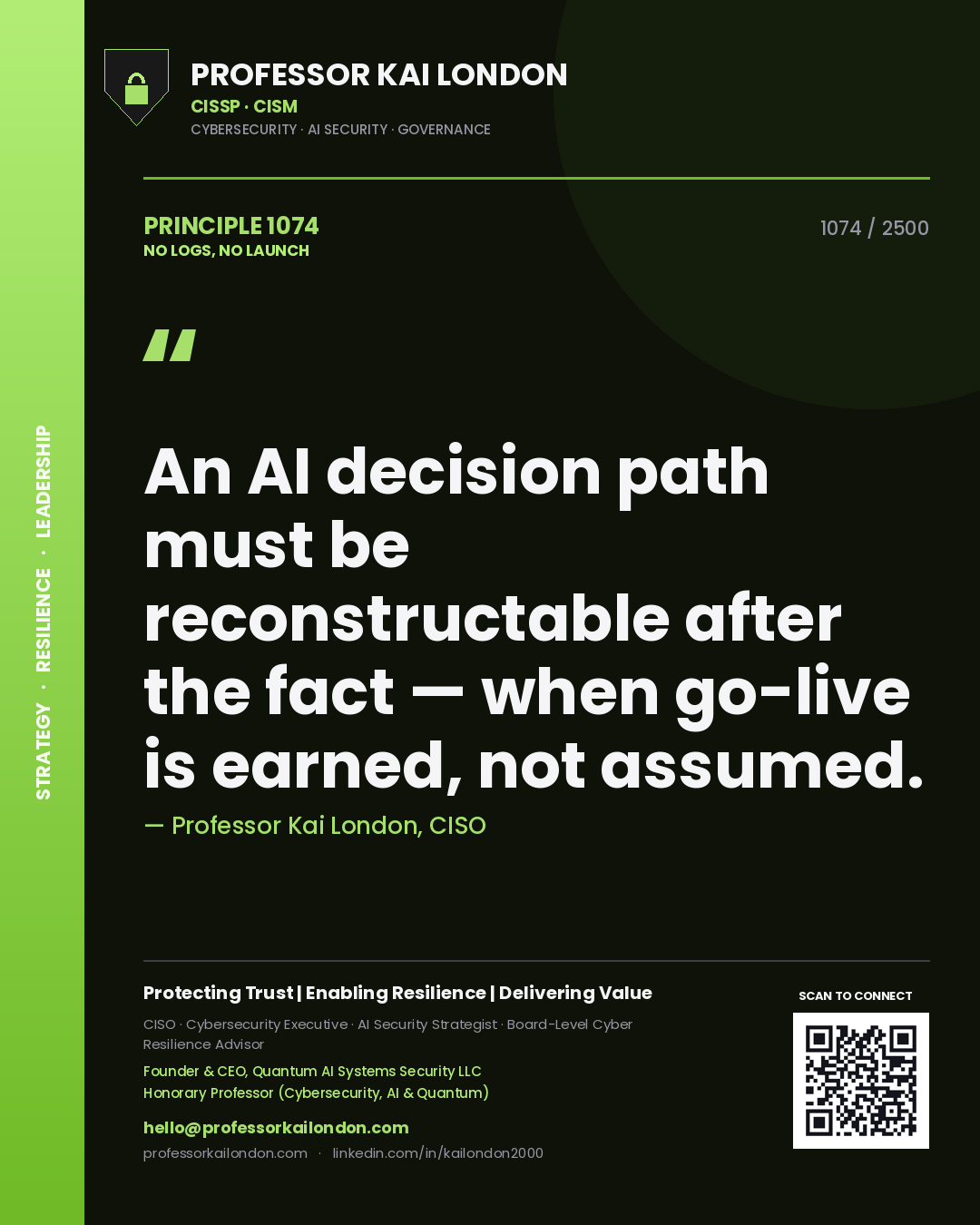 Professor Kai London principle 1074: An AI decision path must be reconstructable after the fact — when go-live is earned, not assumed.