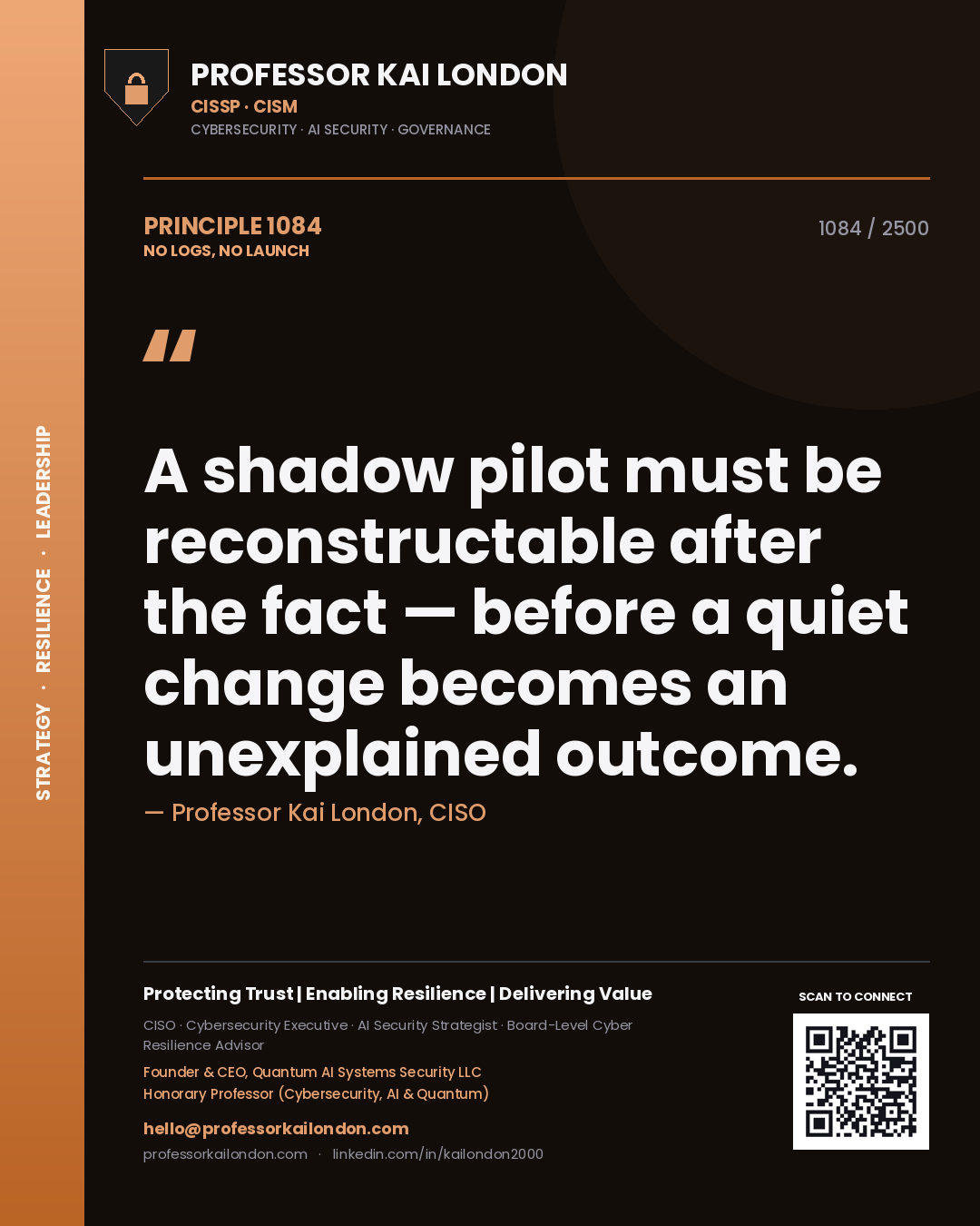 Quote card by Professor Kai London reading 'A shadow pilot must be reconstructable after the fact — before a quiet change becomes an unexplained outcome.'. From the book No Logs, No Launch.