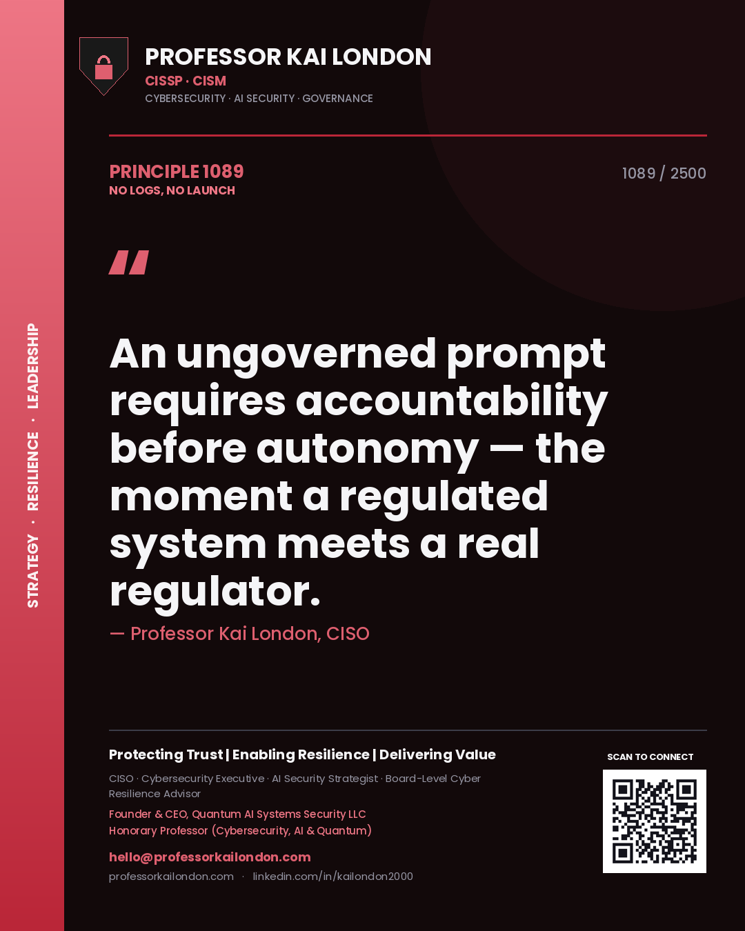 Quote card by Professor Kai London reading 'An ungoverned prompt requires accountability before autonomy — the moment a regulated system meets a real regulator.'. From the book No Logs, No Launch.