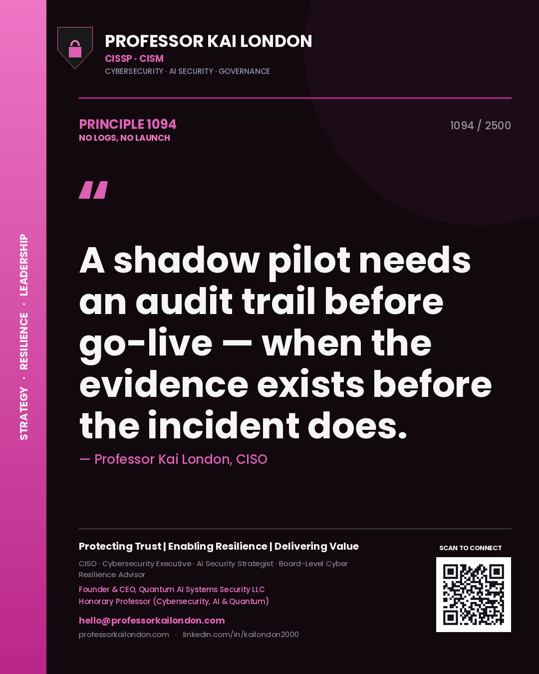 Quote card by Professor Kai London reading 'A shadow pilot needs an audit trail before go-live — when the evidence exists before the incident does.'. From the book No Logs, No Launch.
