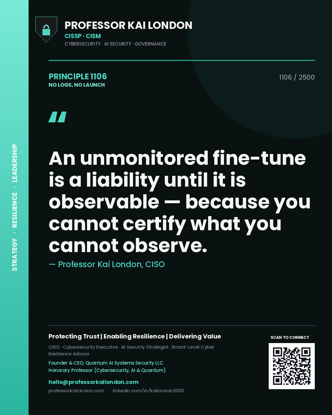 Professor Kai London principle 1106: An unmonitored fine-tune is a liability until it is observable — because you cannot certify what you cannot observe.