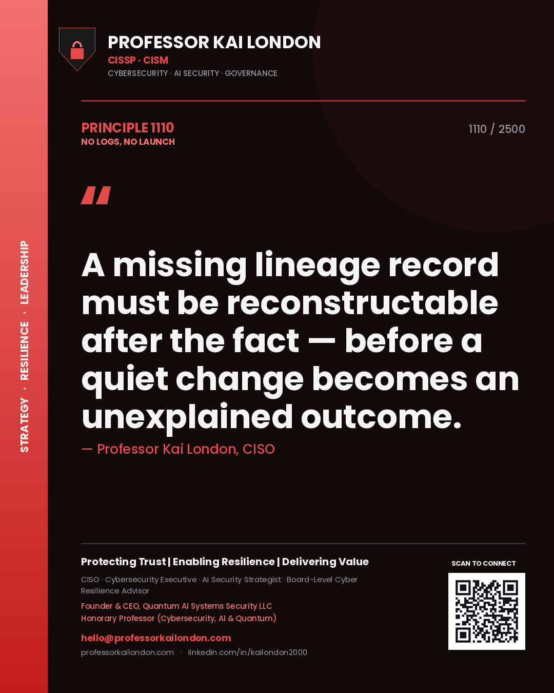 Professor Kai London principle 1110: A missing lineage record must be reconstructable after the fact — before a quiet change becomes an unexplained outcome.