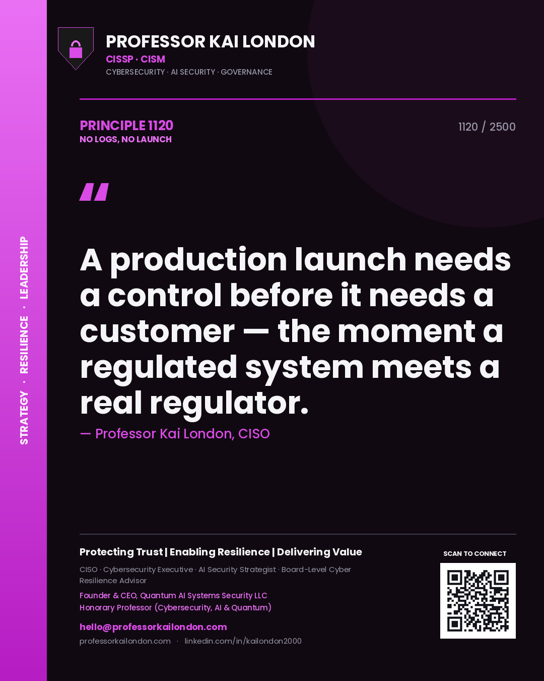 Professor Kai London principle 1120: A production launch needs a control before it needs a customer — the moment a regulated system meets a real regulator.