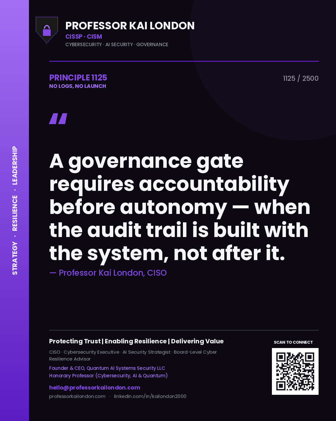 Professor Kai London principle 1125: A governance gate requires accountability before autonomy — when the audit trail is built with the system, not after it.