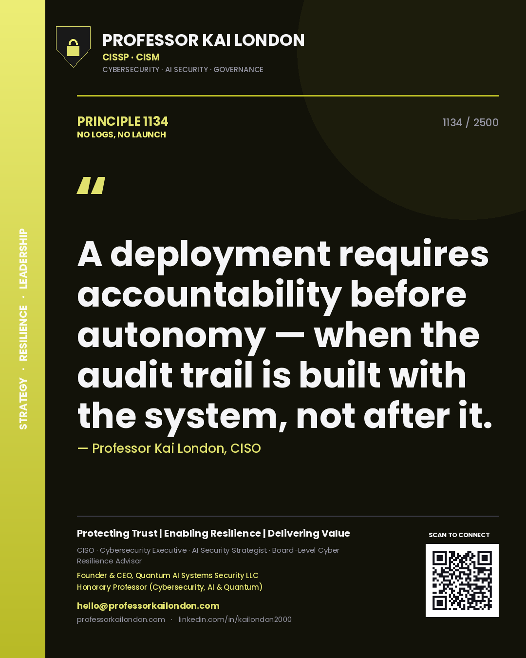 Quote card by Professor Kai London reading 'A deployment requires accountability before autonomy — when the audit trail is built with the system, not after it.'. From the book No Logs, No Launch.