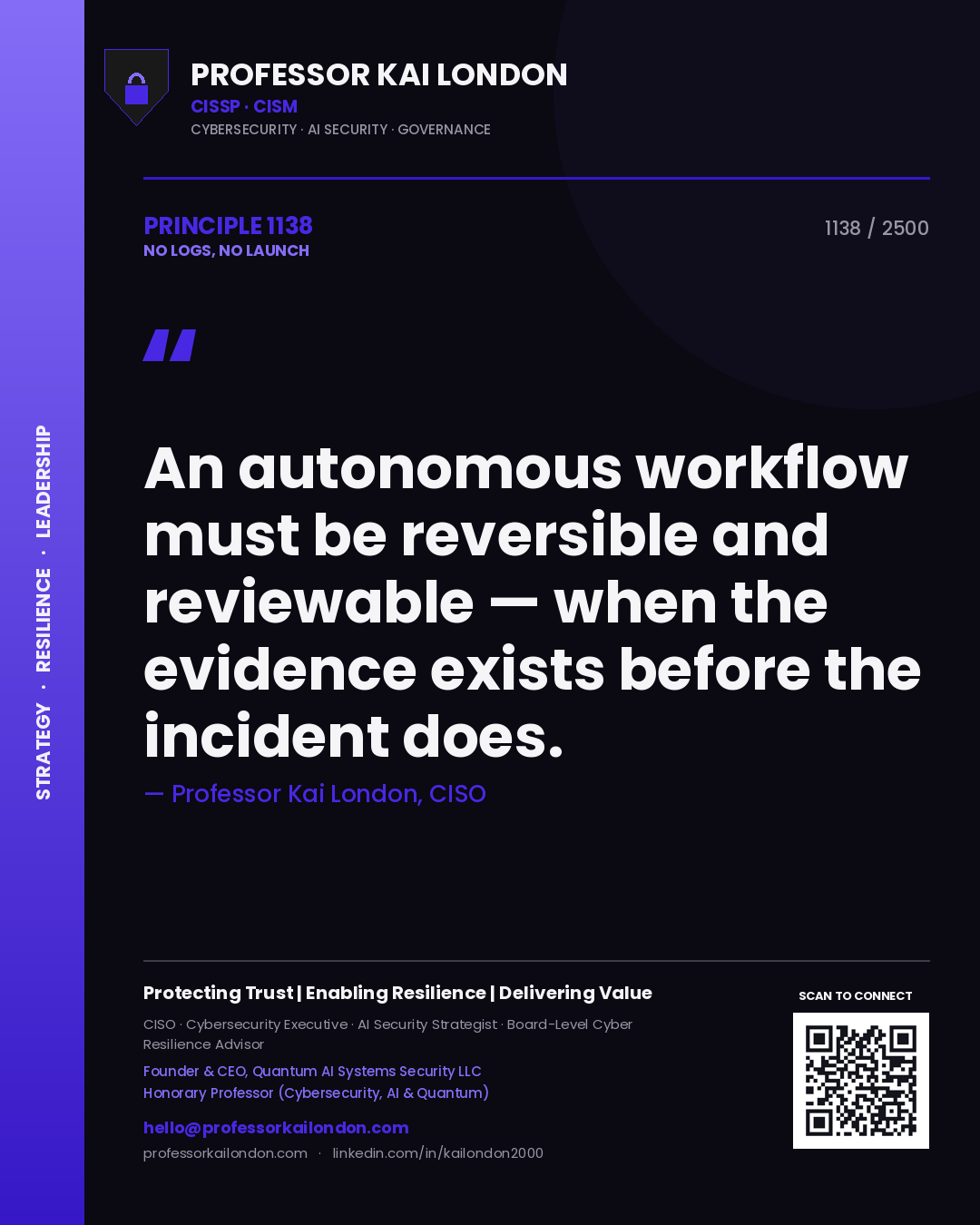 Quote card by Professor Kai London reading 'An autonomous workflow must be reversible and reviewable — when the evidence exists before the incident does.'. From the book No Logs, No Launch.