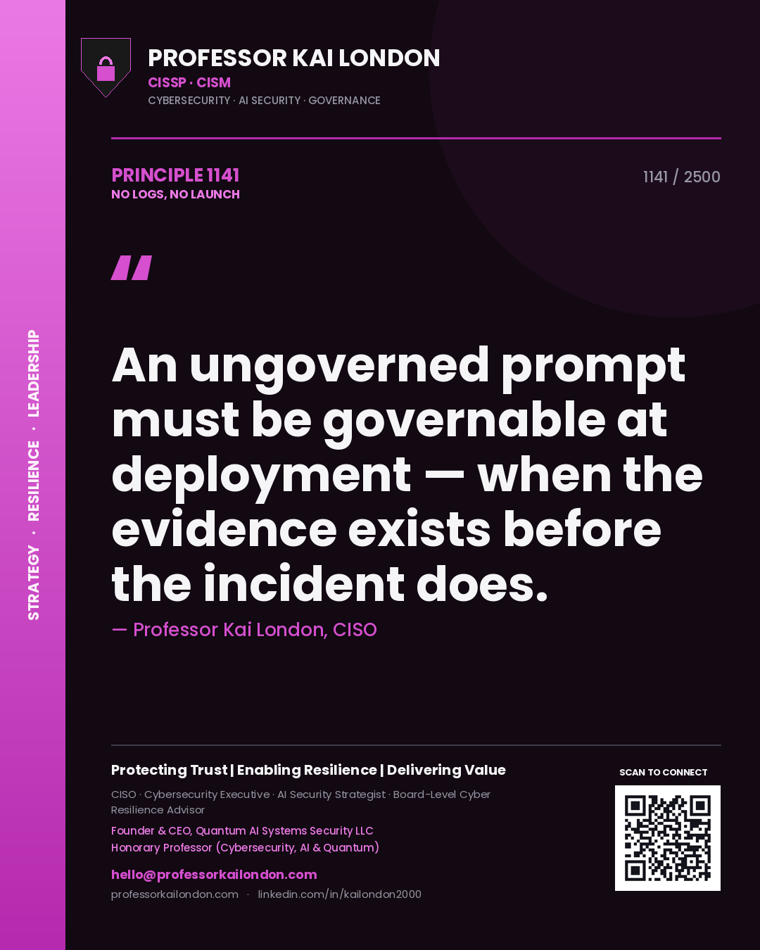 Quote card by Professor Kai London reading 'An ungoverned prompt must be governable at deployment — when the evidence exists before the incident does.'. From the book No Logs, No Launch.