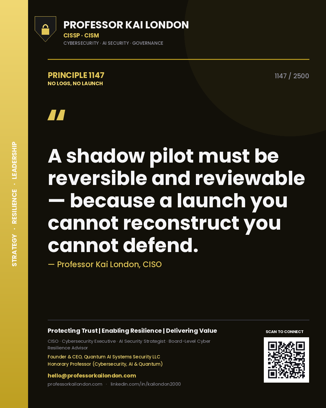Quote card by Professor Kai London reading 'A shadow pilot must be reversible and reviewable — because a launch you cannot reconstruct you cannot defend.'. From the book No Logs, No Launch.