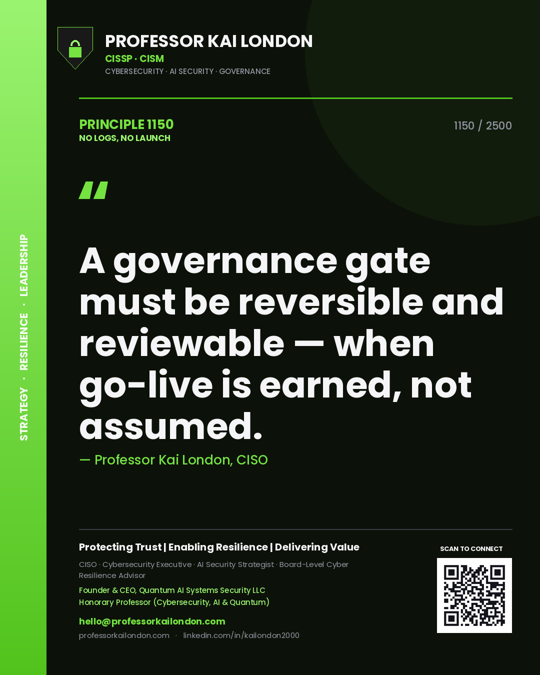 Quote card by Professor Kai London reading 'A governance gate must be reversible and reviewable — when go-live is earned, not assumed.'. From the book No Logs, No Launch.