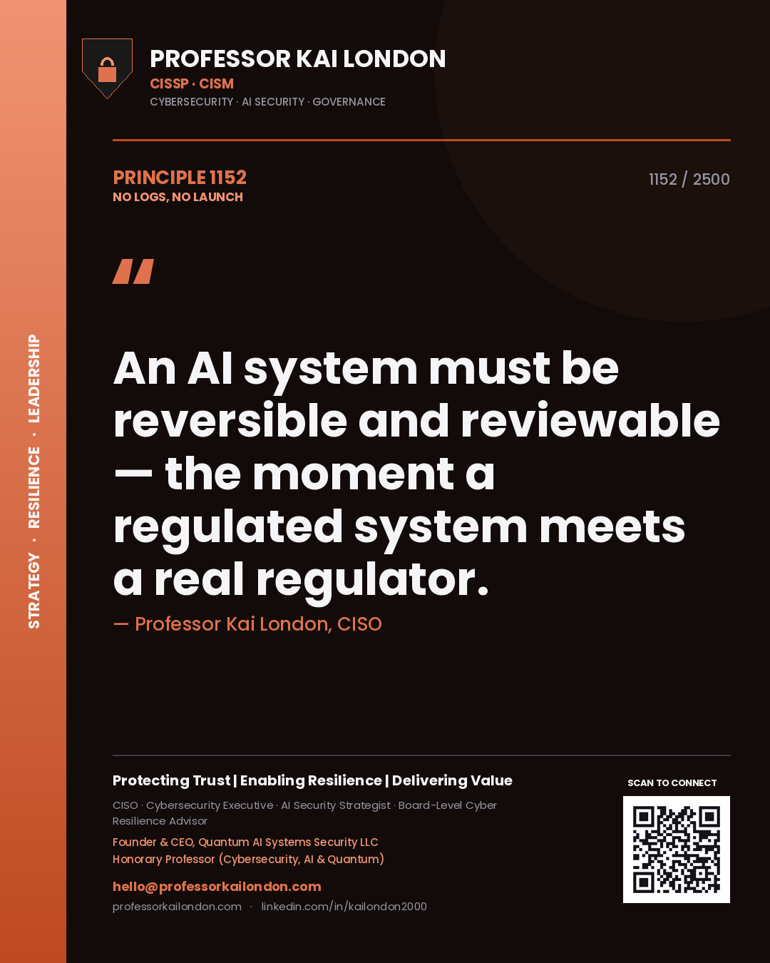 Quote card by Professor Kai London reading 'An AI system must be reversible and reviewable — the moment a regulated system meets a real regulator.'. From the book No Logs, No Launch.