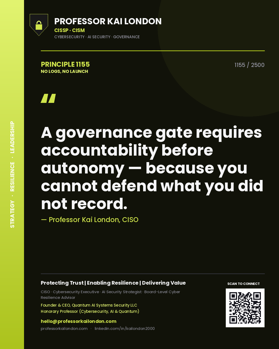 Professor Kai London principle 1155: A governance gate requires accountability before autonomy — because you cannot defend what you did not record.