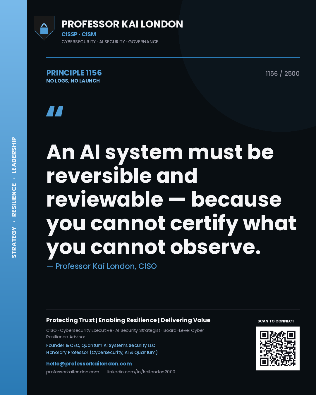 Quote card by Professor Kai London reading 'An AI system must be reversible and reviewable — because you cannot certify what you cannot observe.'. From the book No Logs, No Launch.