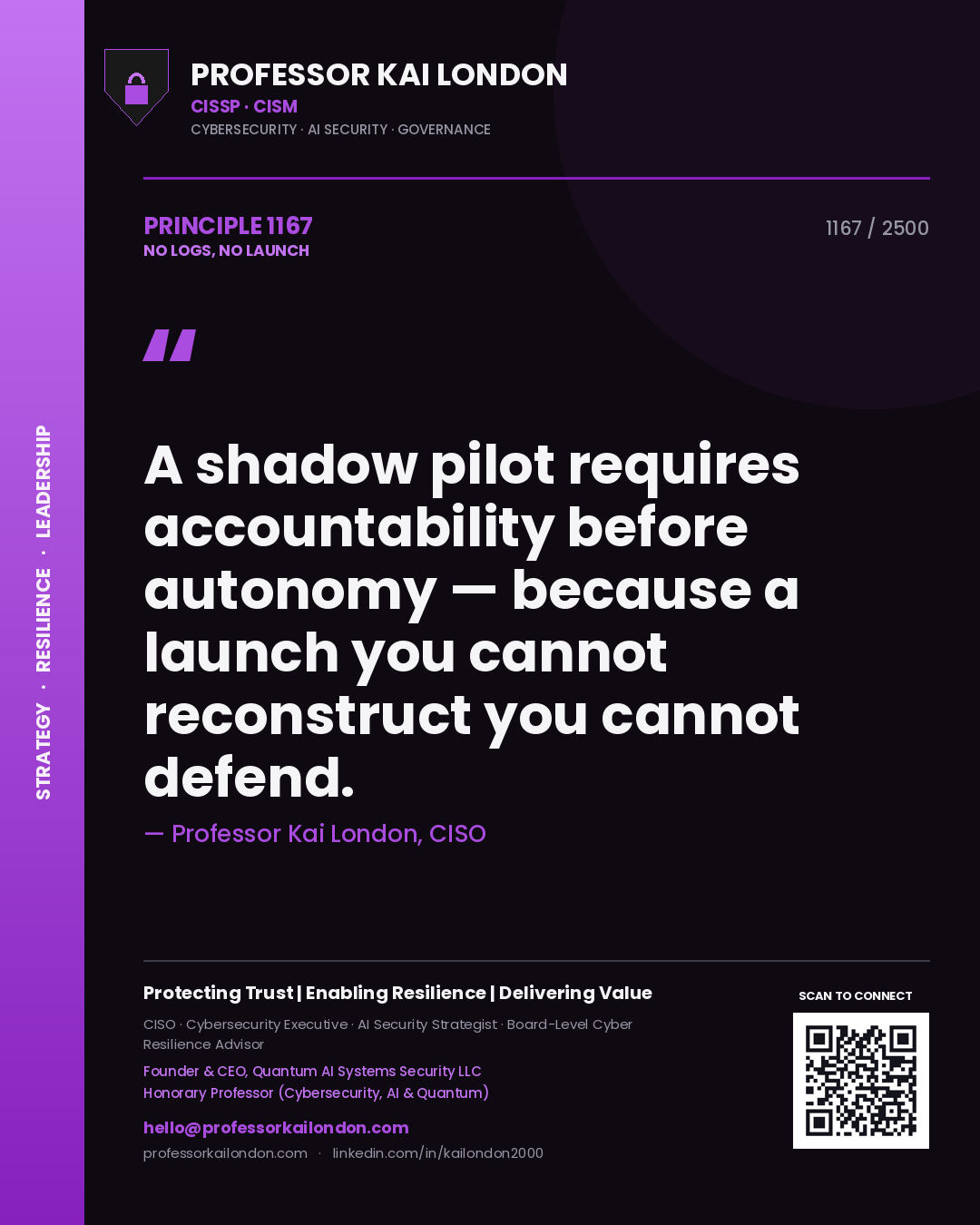 Quote card by Professor Kai London reading 'A shadow pilot requires accountability before autonomy — because a launch you cannot reconstruct you cannot defend.'. From the book No Logs, No Launch.